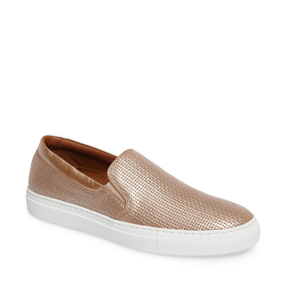 Aquatalia NEW Ashlynn Embossed Leather Slip-On Sneaker Woven Metallic Shoes Flat